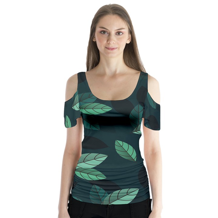 Leaves Foliage Plants Pattern Butterfly Sleeve Cutout T-Shirt 