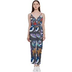 Sea Animals Pattern Wallpaper Fish V-neck Camisole Jumpsuit by Grandong