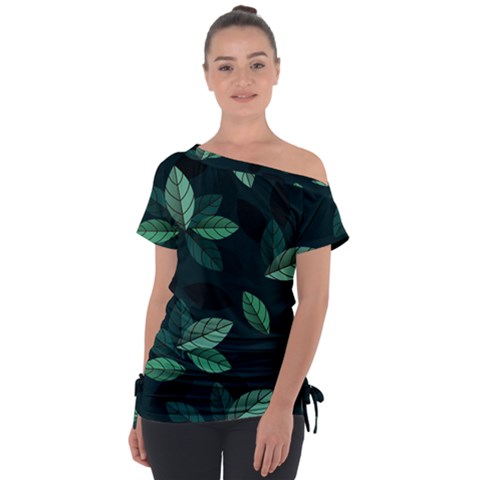 Leaves Foliage Plants Pattern Off Shoulder Tie-up T-shirt by Grandong