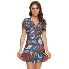 Sea Animals Pattern Wallpaper Fish V-neck High Waist Chiffon Mini Dress