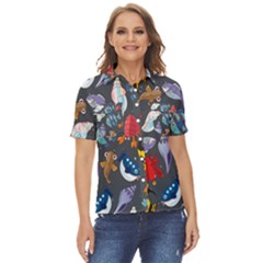 Sea Animals Pattern Wallpaper Fish Women s Short Sleeve Double Pocket Shirt