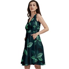 Leaves Foliage Plants Pattern Sleeveless V-neck Skater Dress With Pockets