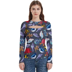 Sea Animals Pattern Wallpaper Fish Women s Cut Out Long Sleeve T-shirt