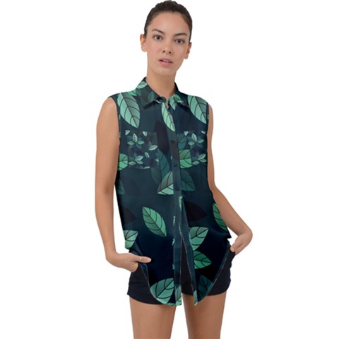 Leaves Foliage Plants Pattern Sleeveless Chiffon Button Shirt by Grandong