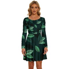 Leaves Foliage Plants Pattern Long Sleeve Wide Neck Velvet Dress by Grandong