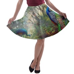 Peafowl Peacock Bird Birds Painting Art Wildlife A-line Skater Skirt by Sarkoni