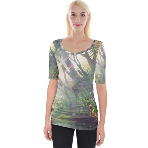 Peafowl Peacock Bird Birds Painting Art Wildlife Wide Neckline T-shirt by Sarkoni