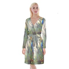 Peafowl Peacock Bird Birds Painting Art Wildlife Long Sleeve Velvet Front Wrap Dress by Sarkoni