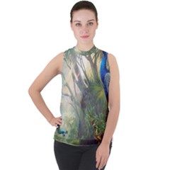 Peafowl Peacock Bird Birds Painting Art Wildlife Mock Neck Chiffon Sleeveless Top by Sarkoni