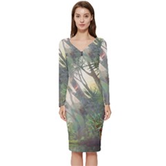 Peafowl Peacock Bird Birds Painting Art Wildlife Long Sleeve V-neck Bodycon Dress  by Sarkoni