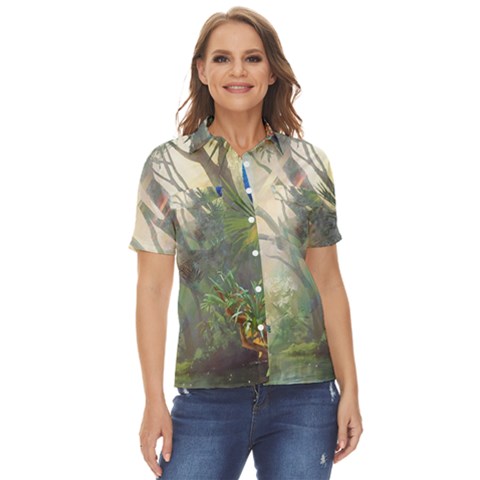 Peafowl Peacock Bird Birds Painting Art Wildlife Women s Short Sleeve Double Pocket Shirt by Sarkoni