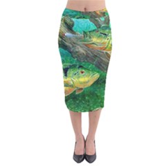 Peacock Bass Fishing Velvet Midi Pencil Skirt by Sarkoni