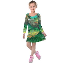 Peacock Bass Fishing Kids  Long Sleeve Velvet Dress by Sarkoni