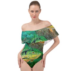 Peacock Bass Fishing Off Shoulder Velour Bodysuit  by Sarkoni