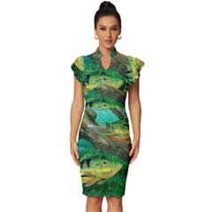 Peacock Bass Fishing Vintage Frill Sleeve V-neck Bodycon Dress by Sarkoni