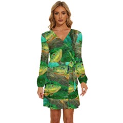 Peacock Bass Fishing Long Sleeve Waist Tie Ruffle Velvet Dress by Sarkoni