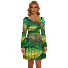 Peacock Bass Fishing Long Sleeve Wide Neck Velvet Dress by Sarkoni