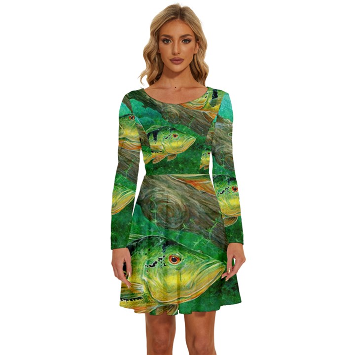 Peacock Bass Fishing Long Sleeve Wide Neck Velvet Dress