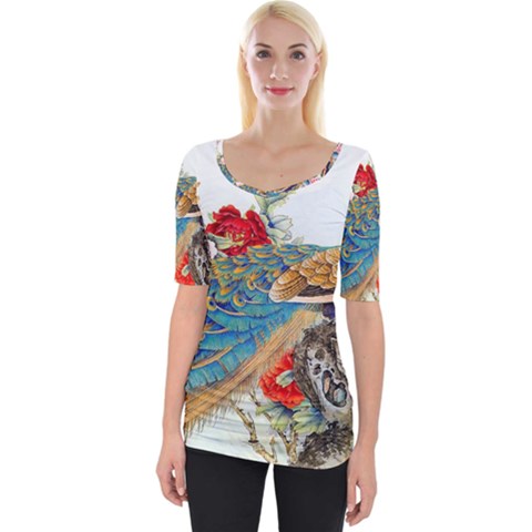 Birds Peacock Artistic Colorful Flower Painting Wide Neckline T-shirt by Sarkoni