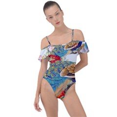 Birds Peacock Artistic Colorful Flower Painting Frill Detail One Piece Swimsuit by Sarkoni