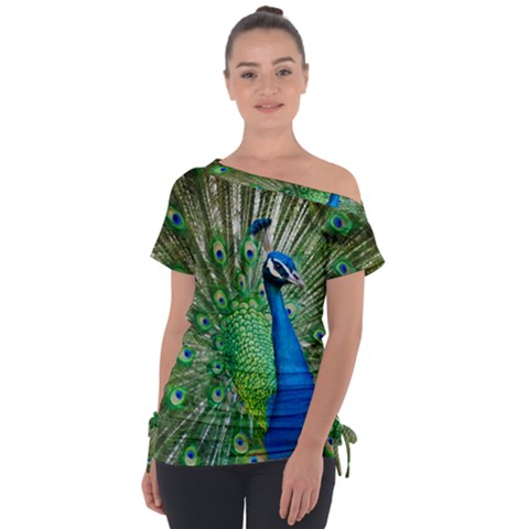 Peafowl Peacock Off Shoulder Tie-up T-shirt by Sarkoni