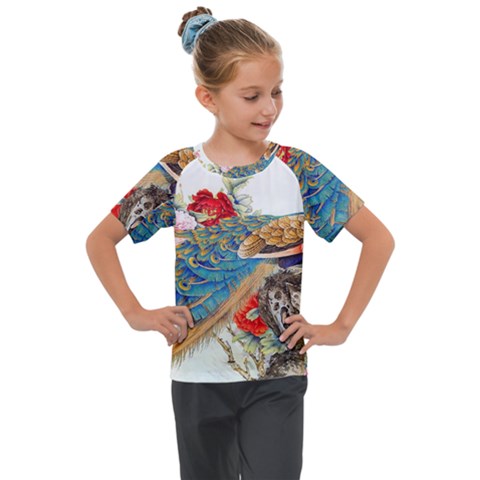 Birds Peacock Artistic Colorful Flower Painting Kids  Mesh Piece T-shirt by Sarkoni