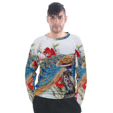 Birds Peacock Artistic Colorful Flower Painting Men s Long Sleeve Raglan T-shirt by Sarkoni