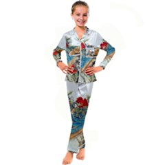 Birds Peacock Artistic Colorful Flower Painting Kids  Satin Long Sleeve Pajamas Set by Sarkoni