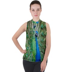 Peafowl Peacock Mock Neck Chiffon Sleeveless Top by Sarkoni