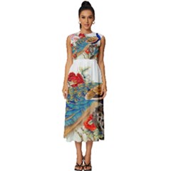 Birds Peacock Artistic Colorful Flower Painting Sleeveless Round Neck Midi Dress