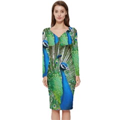 Peafowl Peacock Long Sleeve V-neck Bodycon Dress  by Sarkoni