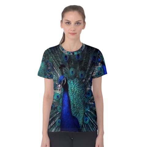 Blue And Green Peacock Women s Cotton T-shirt by Sarkoni