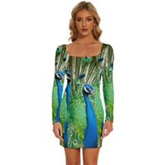 Peafowl Peacock Long Sleeve Square Neck Bodycon Velvet Dress by Sarkoni