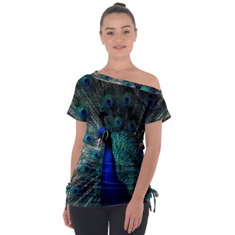 Blue And Green Peacock Off Shoulder Tie-up T-shirt by Sarkoni