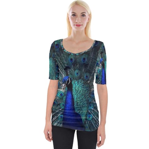 Blue And Green Peacock Wide Neckline T-shirt by Sarkoni