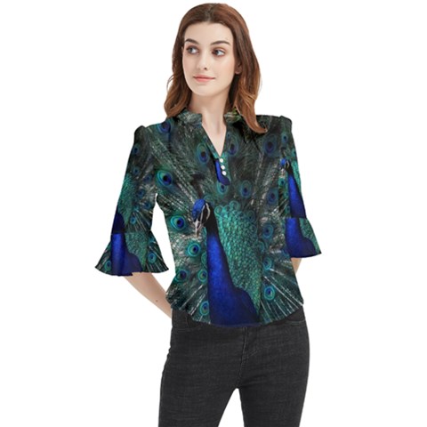 Blue And Green Peacock Loose Horn Sleeve Chiffon Blouse by Sarkoni