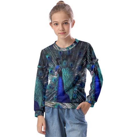 Blue And Green Peacock Kids  Long Sleeve T-shirt With Frill  by Sarkoni