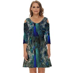 Blue And Green Peacock Shoulder Cut Out Zip Up Dress by Sarkoni