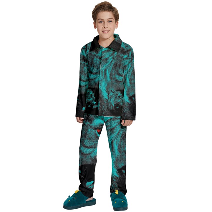 Angry Male Lion Predator Carnivore Kids  Long Sleeve Velvet Pajamas Set