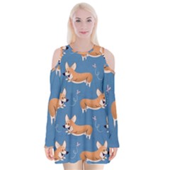 Corgi Patterns Velvet Long Sleeve Shoulder Cutout Dress