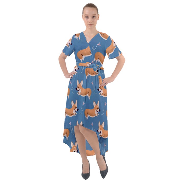 Corgi Patterns Front Wrap High Low Dress