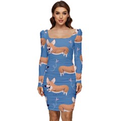 Corgi Patterns Women Long Sleeve Ruched Stretch Jersey Dress by Ndabl3x