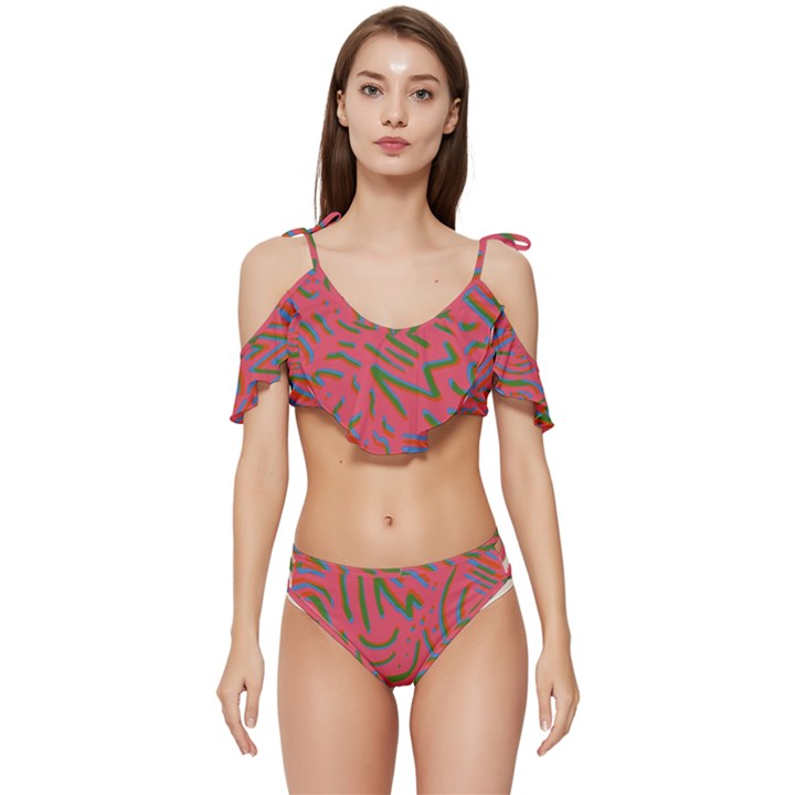 Pattern Saying Wavy Ruffle Edge Tie Up Bikini Set	