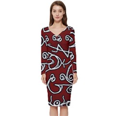 Ethnic Reminiscences Print Design Long Sleeve V-neck Bodycon Dress 