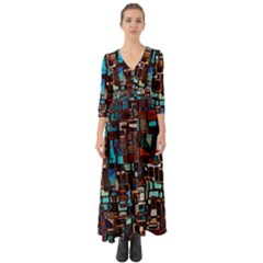 Stained Glass Mosaic Abstract Button Up Boho Maxi Dress by Sarkoni