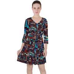 Stained Glass Mosaic Abstract Quarter Sleeve Ruffle Waist Dress by Sarkoni