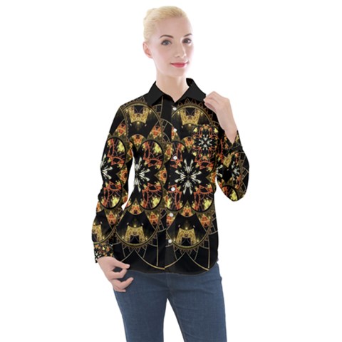 Fractal Stained Glass Ornate Women s Long Sleeve Pocket Shirt by Sarkoni