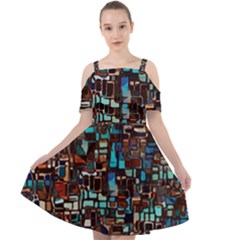 Stained Glass Mosaic Abstract Cut Out Shoulders Chiffon Dress by Sarkoni