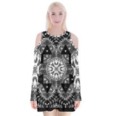 Mandala Calming Coloring Page Velvet Long Sleeve Shoulder Cutout Dress by Sarkoni