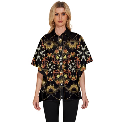 Fractal Stained Glass Ornate Women s Batwing Button Up Shirt by Sarkoni